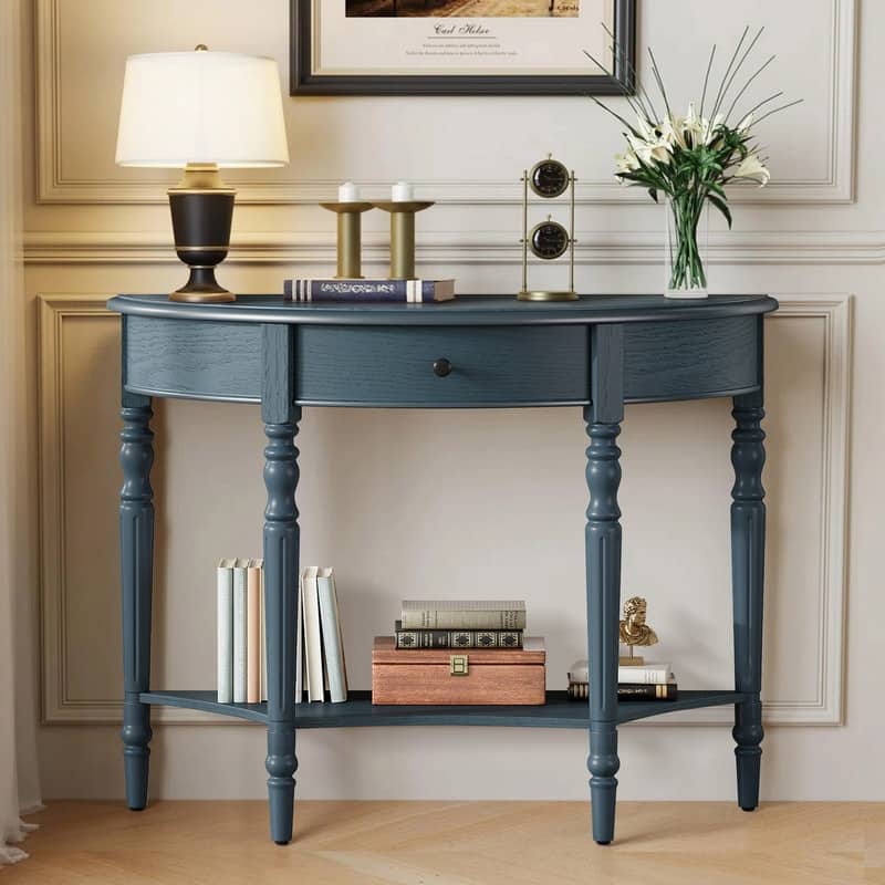 Farmhouse Half Moon Console Table with Drawer and Shelf for Entryway and Living Room Decor - Navy