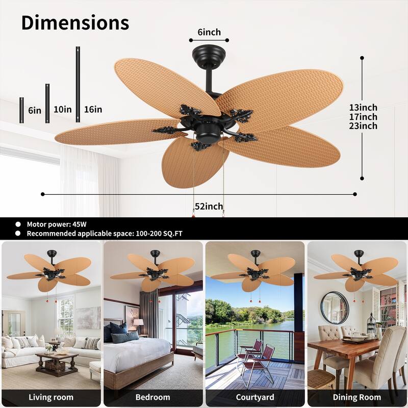 52"Tropical Ceiling Fan with 5 Palm Leaf Blades, Indoor/Outdoor No Light Fan, Pull Chain Control, Dual Mounting Options
