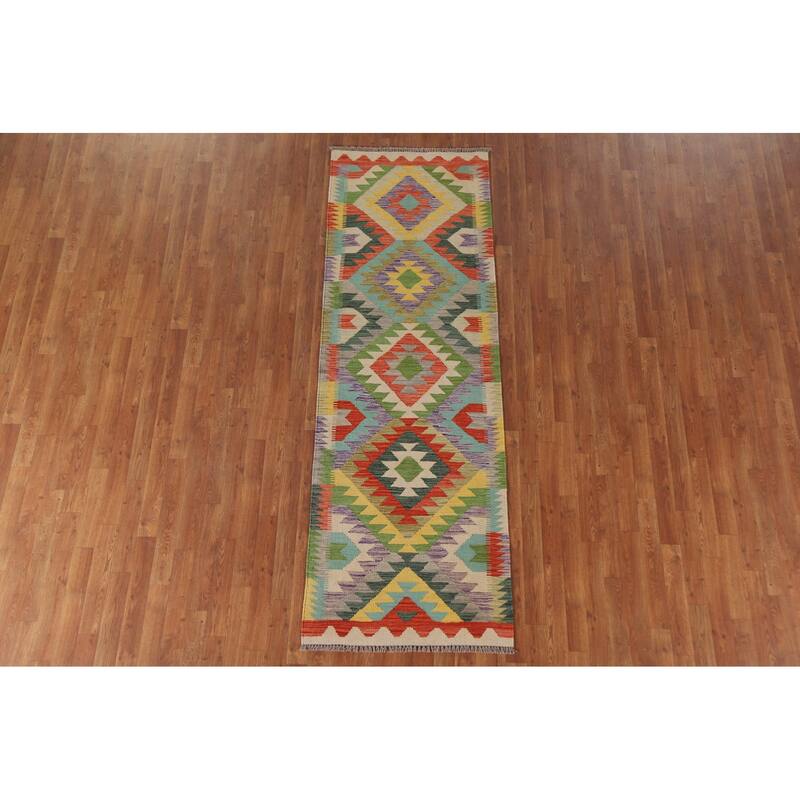 Hand Woven Oriental 100% Wool Carpet Southwestern Geometric Multi-Colored Kilim Runner Rug - 8' 2'' X 2' 8''