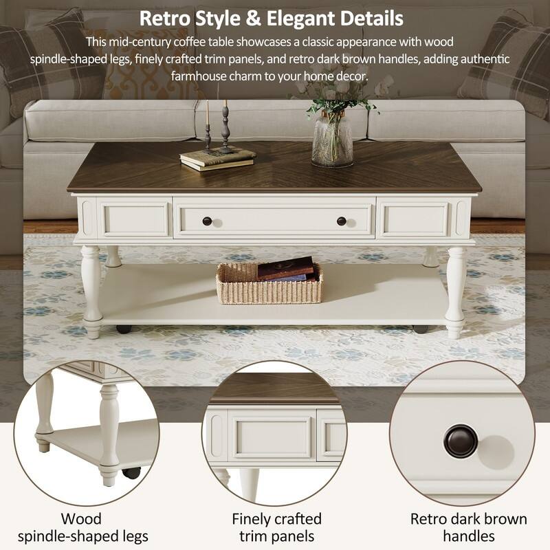 Farmhouse 47.2" Coffee Table with Drawer, Retro Design Easy Assembly and Movable Lockable Wheels for Living Room