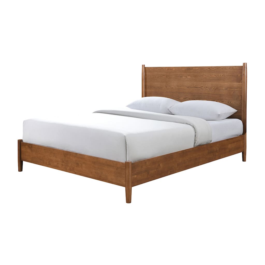 Roma Queen Size Bed, Panel Headboard, Tapered Legs, Walnut Brown Solid Wood