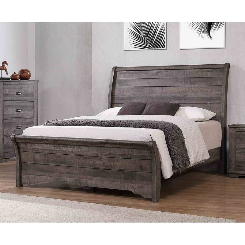 Contemporary Gray Queen Sleigh Bed with Horizontal Lines and Curved Headboard