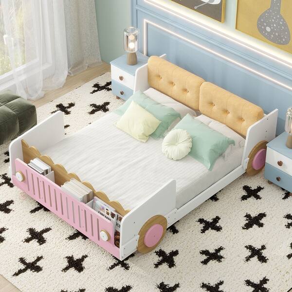 slide 2 of 10, Full Size Car-Shaped Platform Kids Bed Frame with Soft Cushion Headboard, Built-in Footboard Shelves, and Fun Design, White White