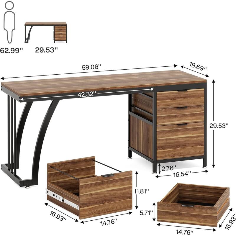 Computer Desk with 3 Drawers, 59" PC Desk Study Writing Table Workstation, Reversible File Storage for Home Office
