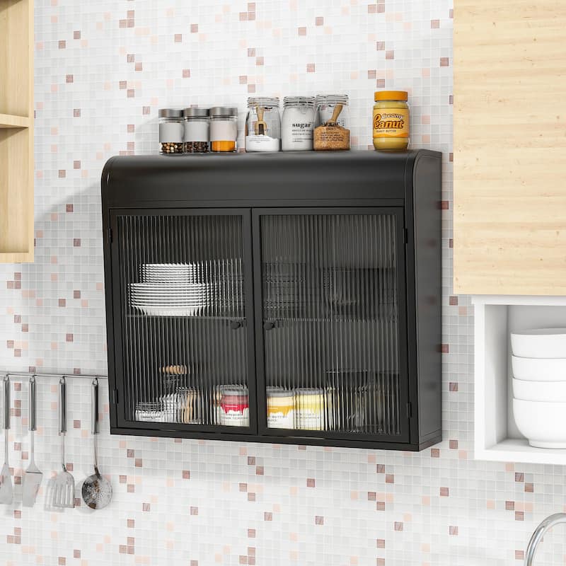Versatile Wall-Mounted Metal Cabinet with Tempered Glass Doors and Shelves for Various Rooms - Antique Black - Steel Finish