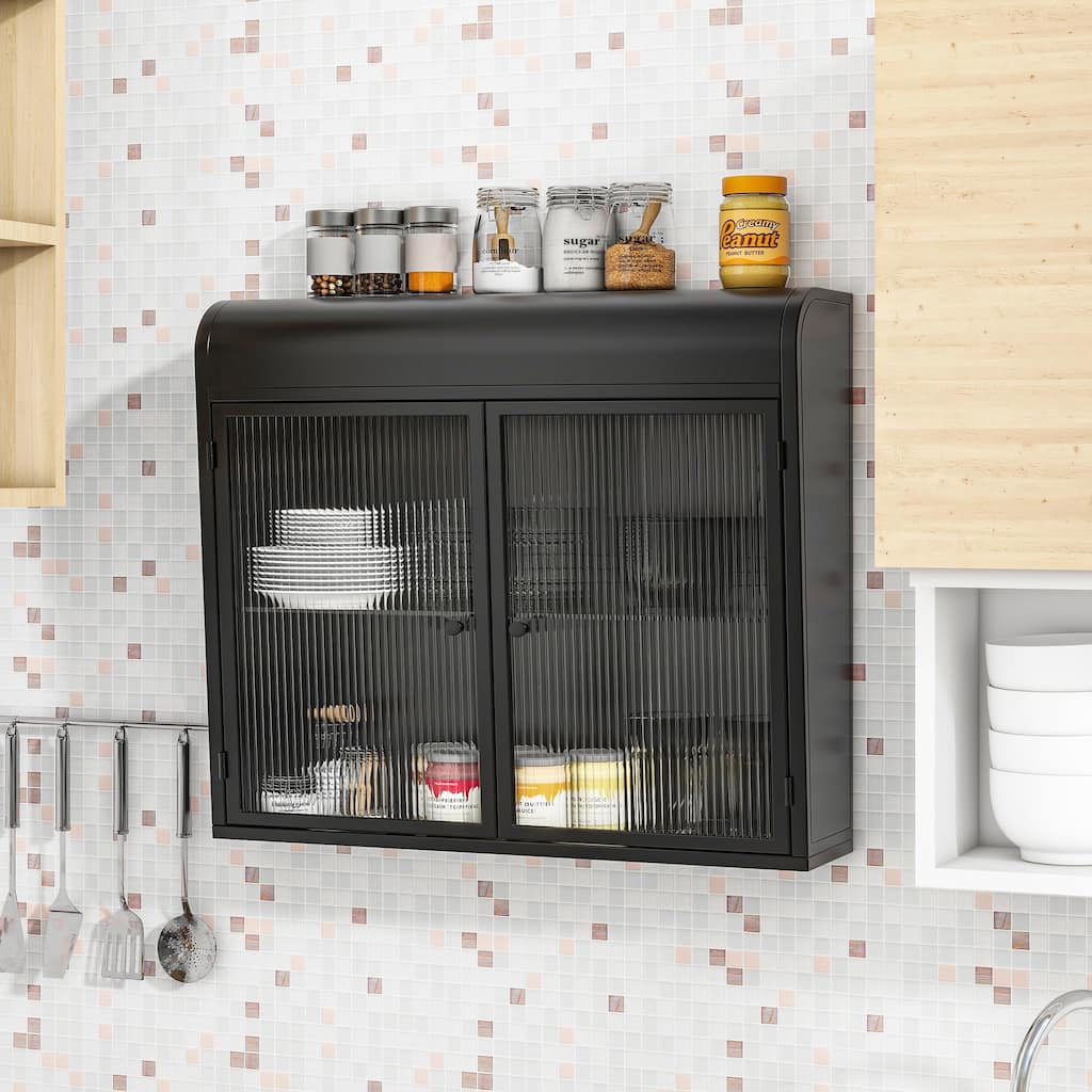 Versatile Wall-Mounted Metal Cabinet with Tempered Glass Doors and Shelves for Various Rooms