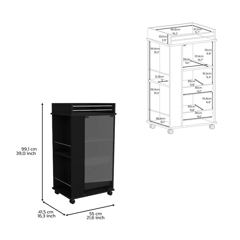 Bar Cart with Glass Door, 2-Side Shelves and Casters