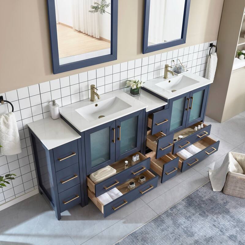 Vanity Art 84" Double Sink Bathroom Vanity Set 10 Dove-Tailed Drawers 4 Cabinets 2 Shelves, Soft-Closing Doors with Free Mirror