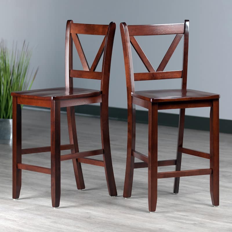 2-Pc V-back Counter Stool Set, Walnut - 16.54 x 19.21 x 39.17 inches - Walnut