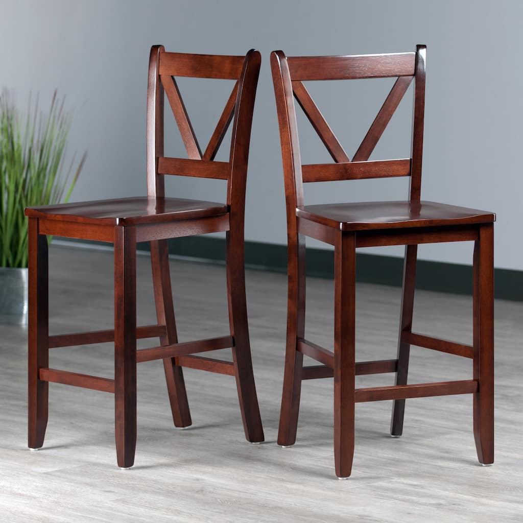 2-Pc V-back Counter Stool Set, Walnut - 16.54 x 19.21 x 39.17 inches