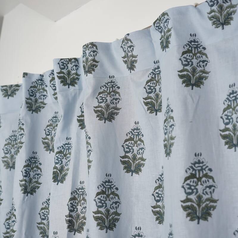 Fabdivine Block Print Curtain or Drape Decorative Home Accent Bed or Living Room - Hibiscus- Grey, Blue - 54" X 29"