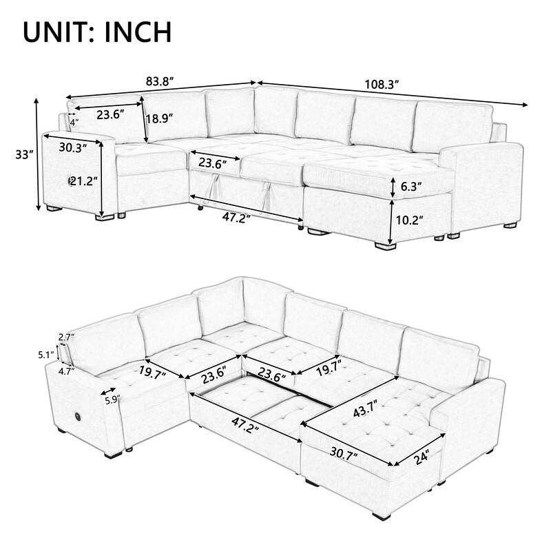 108.3-In Modern U Shape Sectional Sofa,Upholstered Sleeper Sofa with Chaise,Charging Station