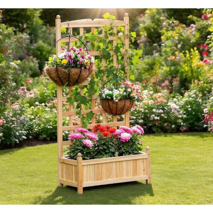Outdoor Raised Planter Box with Trellis and Drainage for Healthy Plant - Natural