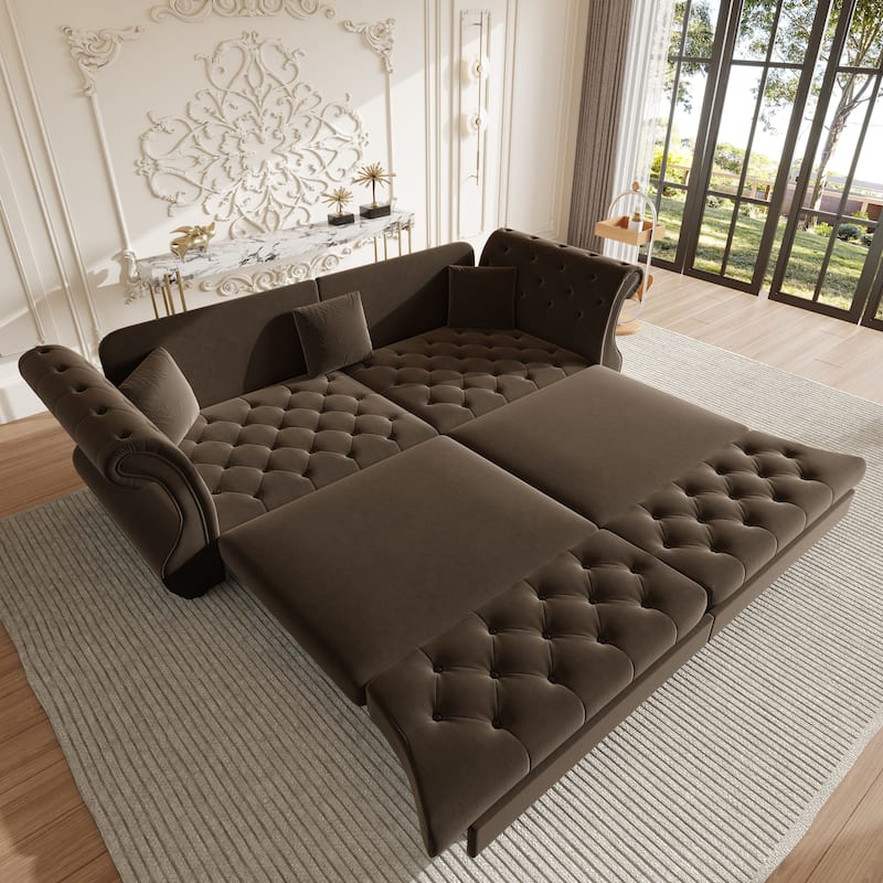 Chesterfield Pull Out Sofa Bed, Oversized 3-Seater/4-Seater Velvet Couch with Flared Arms, Convertible Sleeper Sofa