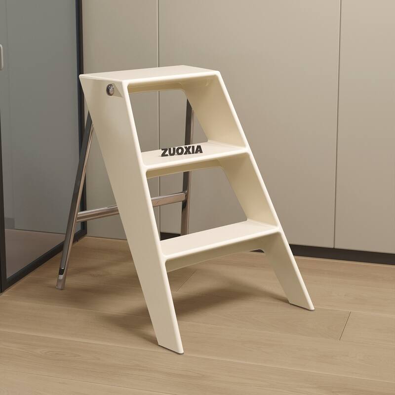 Home folding ladder frame indoor multi-functional thick folding ladder stool simple creative anti-slip edge table ladder frame - White