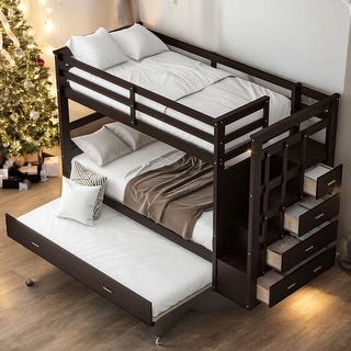 Modern Twin Over Twin Multifunctional Bunk Bed With Trundle And Staircase,Storage Drawers,Solid Construction