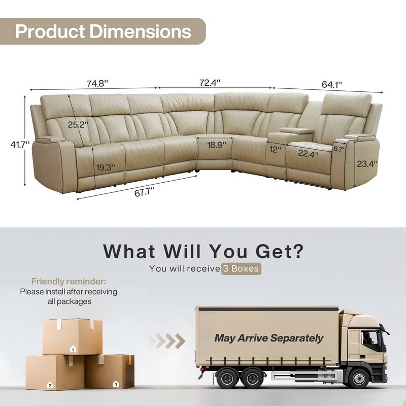 3-Piece Beige Breathing Leather Living Room Recliner Sofa set