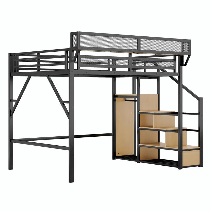 Loft Bed with Stairs, Metal Queen Loft Bed with Storage Shelves, High Loft Bed with Wardrobe