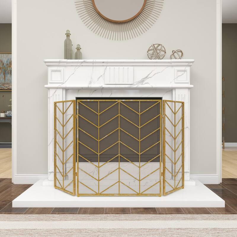 Gold Metal Foldable Mesh Netting 3 Panel Geometric Fireplace Screen with Chevron Pattern