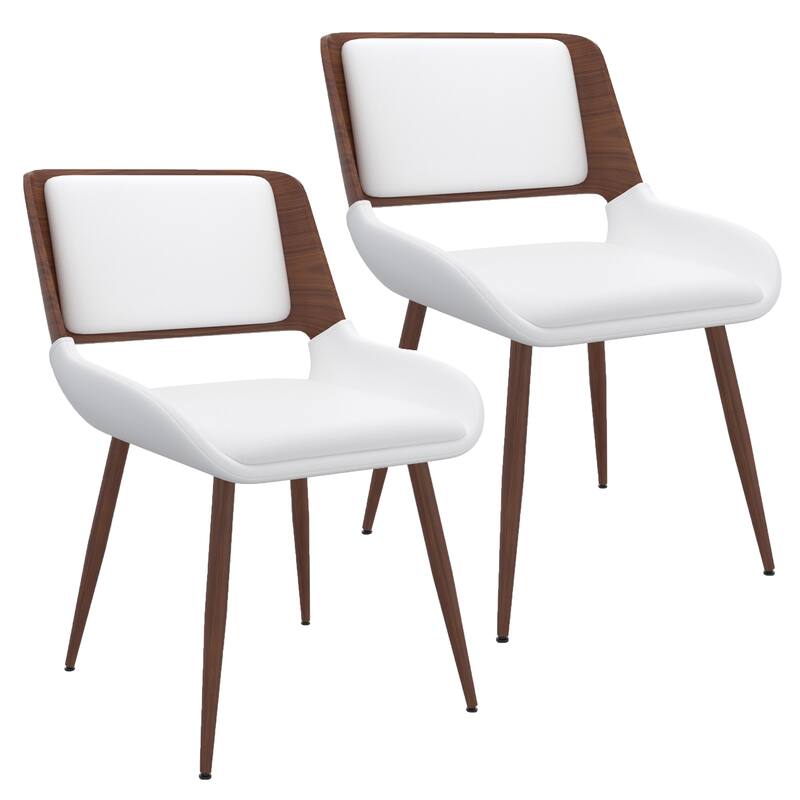 Mid-Century Modern Faux Leather, Metal and Wood Dining Chair, Set of 2 - White and Walnut