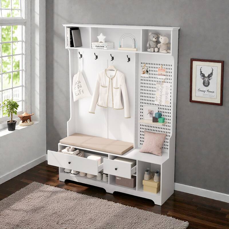 Modern Hall Tree with Removable Linen Cushion Bench, Coat Rack, Shelves & DIY Pegboard, 57.48 x 14.96 x 77.17 in