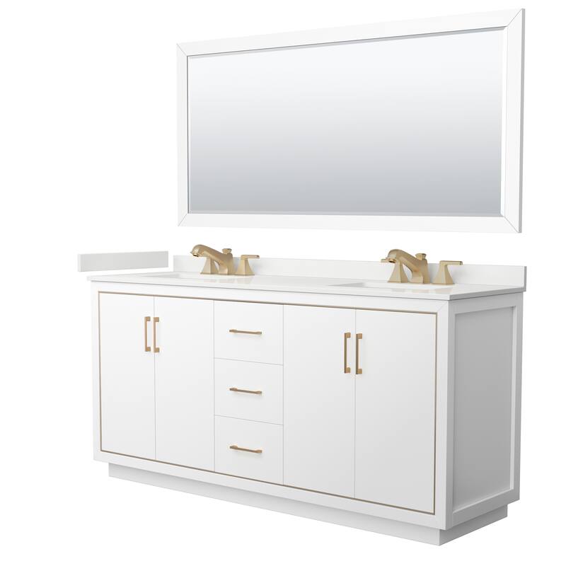 Icon 72-inch Double Vanity, Quartz Top, 70-inch Mirror - White, Bronze Trim, White Quartz Top