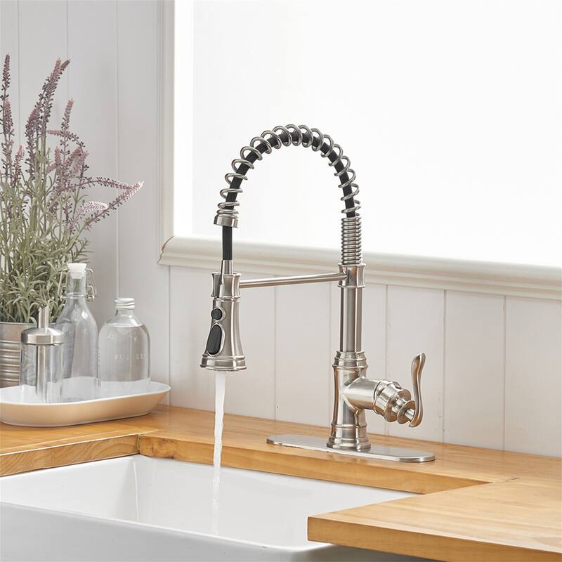 Single Handle Kitchen Sink Faucet With Pull Down Sprayer Commercial Kitchen Faucet One Hole Spring High Arc Gooseneck Bar Faucet - Brushed Nickel