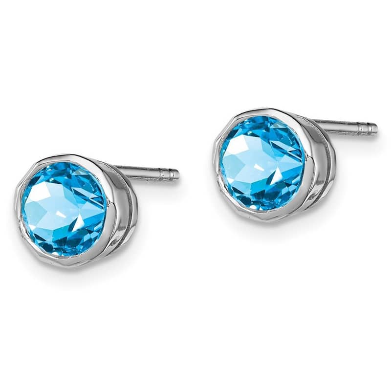 Curata 925 Sterling Silver Bezel Polished Post Earrings Rhodium plated Blue Topaz Circle Stud Earrings Jewelry Gifts for Women