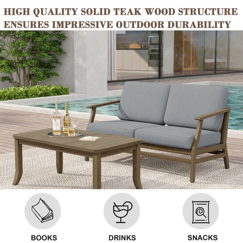 Teak Wood Patio Outdoor Loveseat Sofa and Coffee Table Set