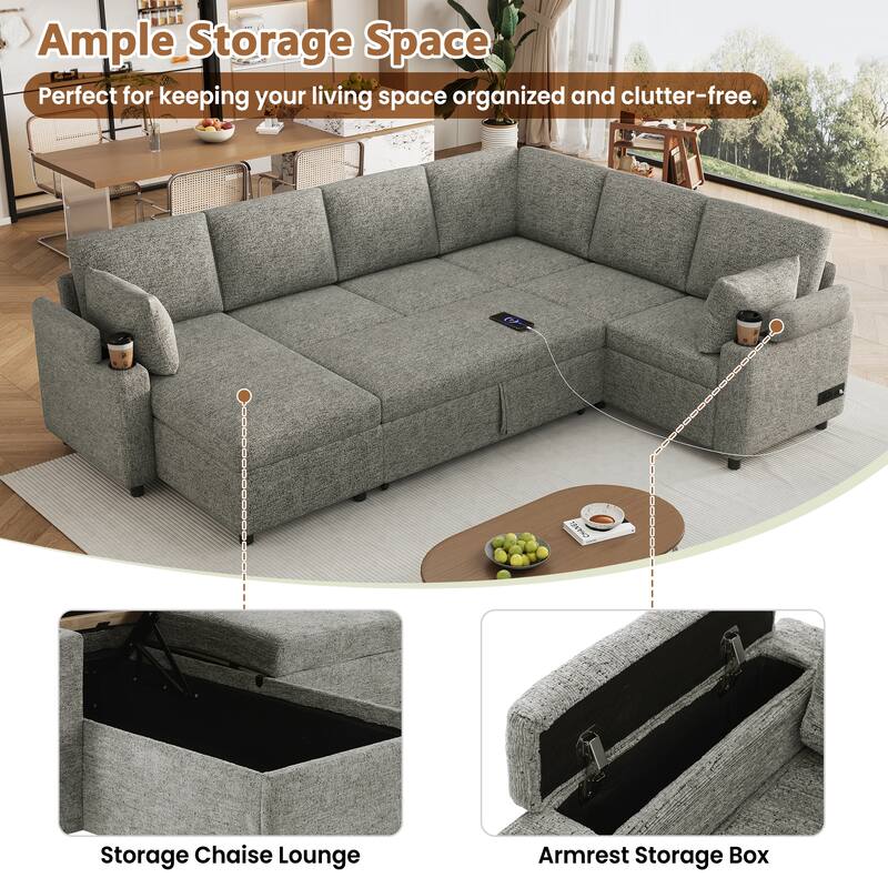 109.9" U-Shaped Convertible Sectional Sofa Bed with Storage Chaise Cup Holders Power Outlets USB Ports Chenille Couch