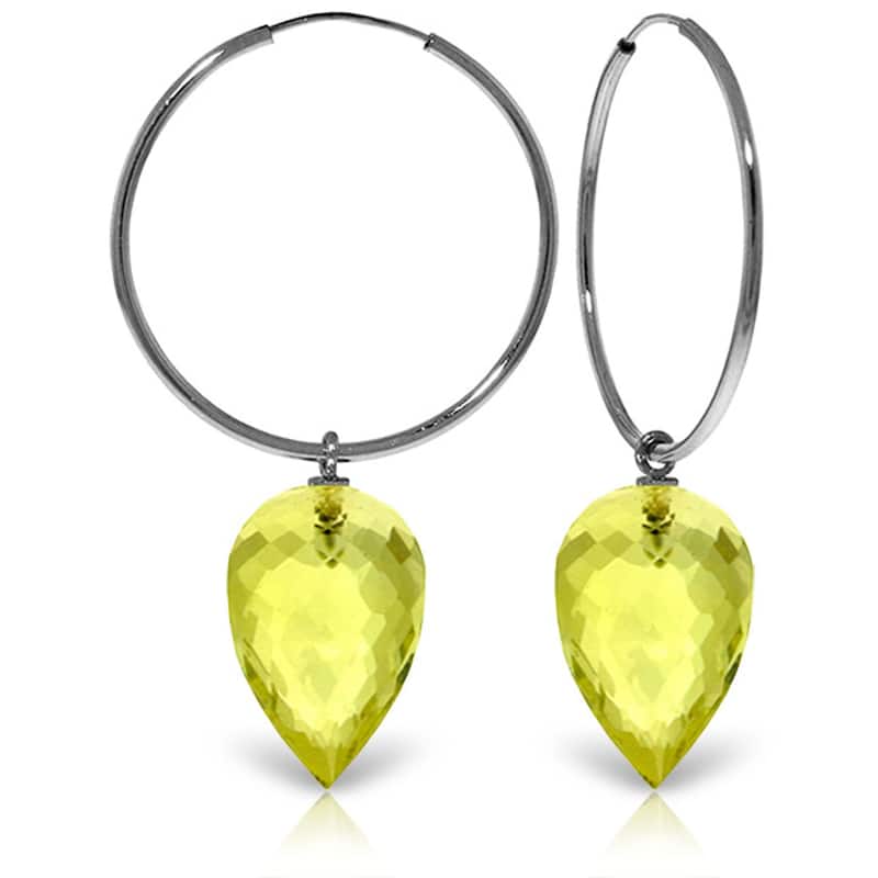 14K Solid Gold Hoop Earrings w/ Pointy Briolette Drop Lemon Quartz