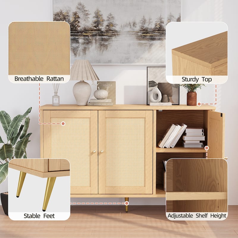 Rattan Storage Cabinet With 3 Door, Farmhouse Style Buffet Sideboard - N/A