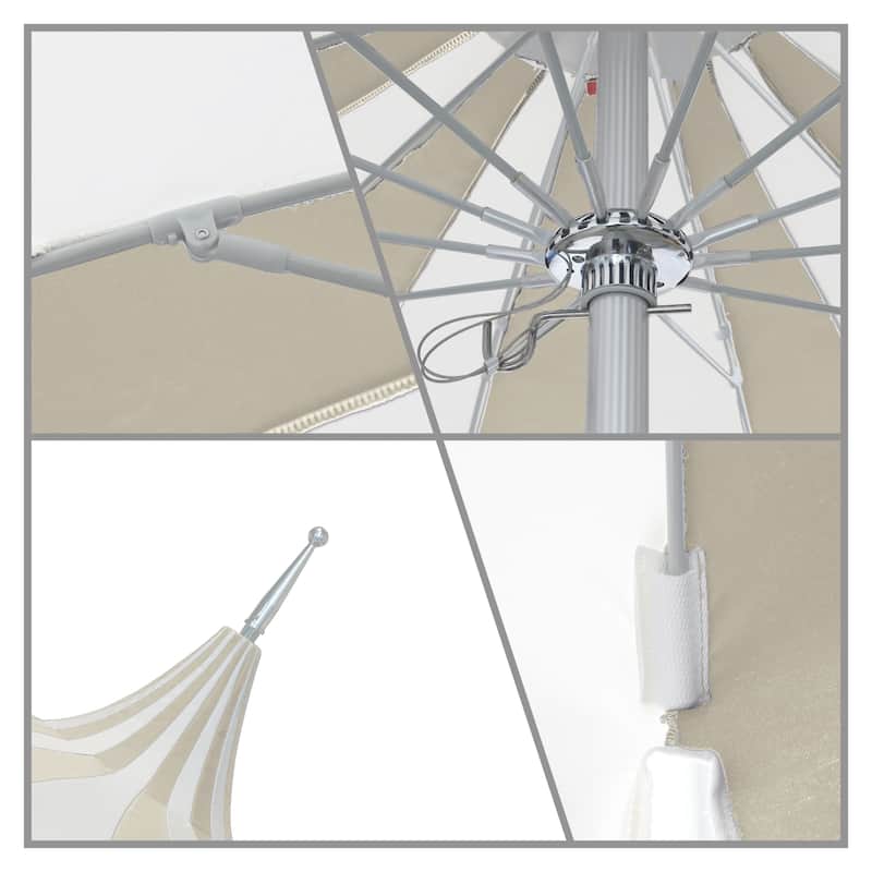 California Umbrella 8.5' Pagoda Series Patio Umbrella Silver Anodized Aluminum Pole Push Lift Sunbrella Natural & Pacific Blue