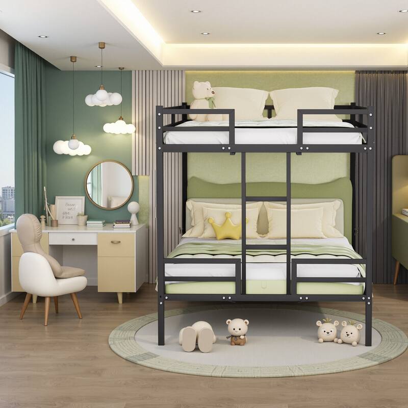 Metal Queen Bunk Bed with Guardrail, Ladder, and Storage, Black