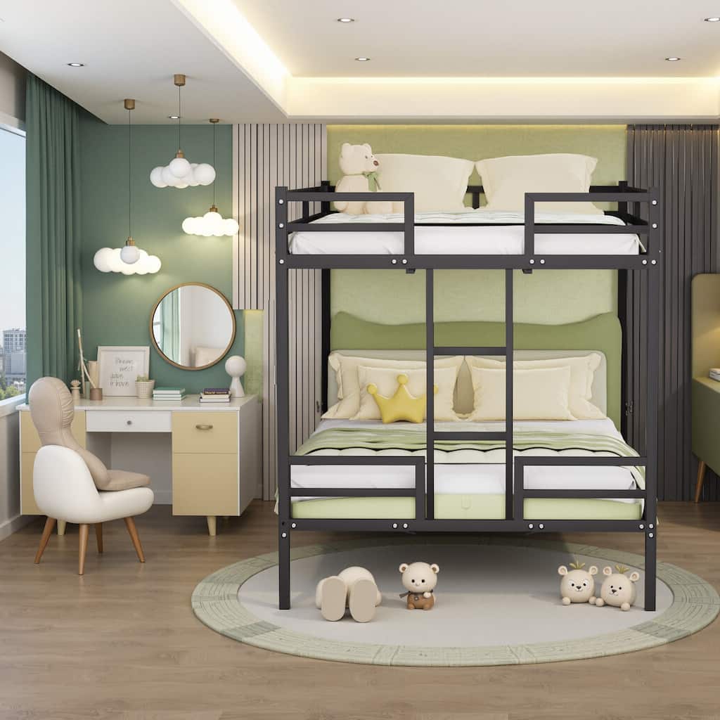 Queen Size Bunk Bed, Heavy Duty Metal Bunk Bed Frame with Built In Ladder and Guardrail, Queen over Queen, No Box Spring Needed