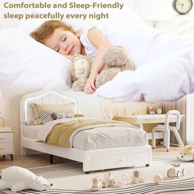 Twin Upholstered Bed Frame with LED Headboard & Storage Drawer, Platform Bed for Kids, No Box Spring Needed