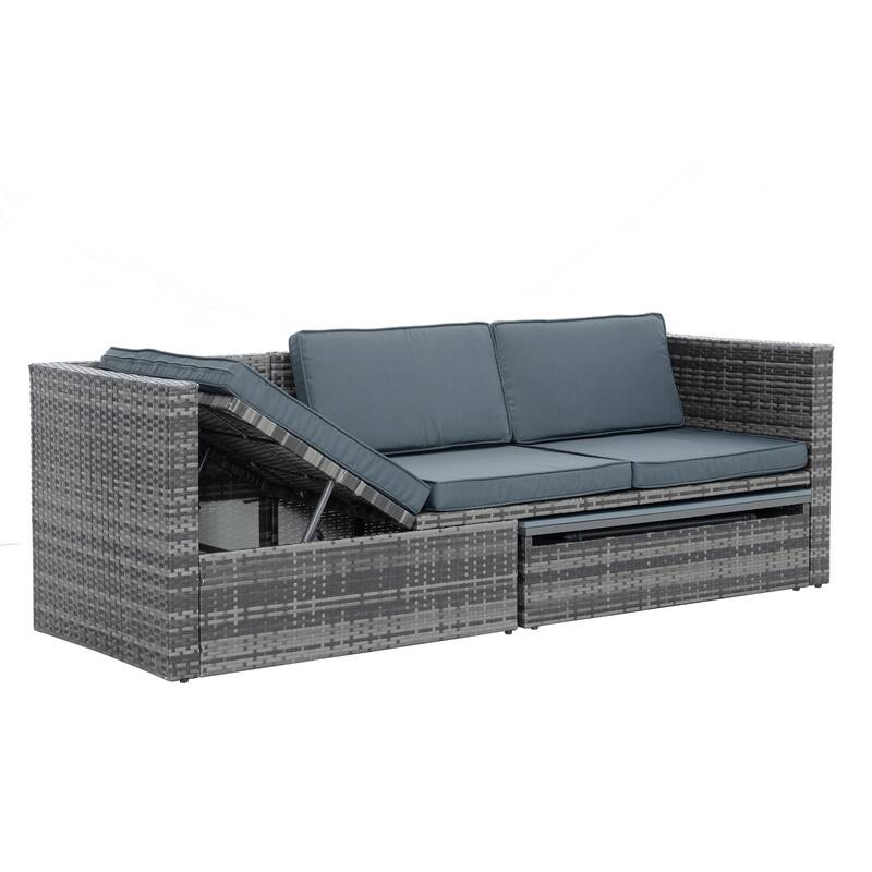 5 Piece Outdoor PE Wicker Sofa Set, Patio Conversation Furniture Set with Lift TOP Coffee Table and Lounger Sofa