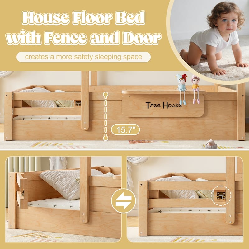 Kids House Floor Bed with Guardrails, Roof & Built-in Tray - Queen/Full/Twin Size, Childlike Design