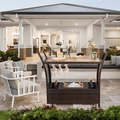 Outdoor Wicker Bar Patio Rattan Counter Table with Wheels, 2 Steel Shelves