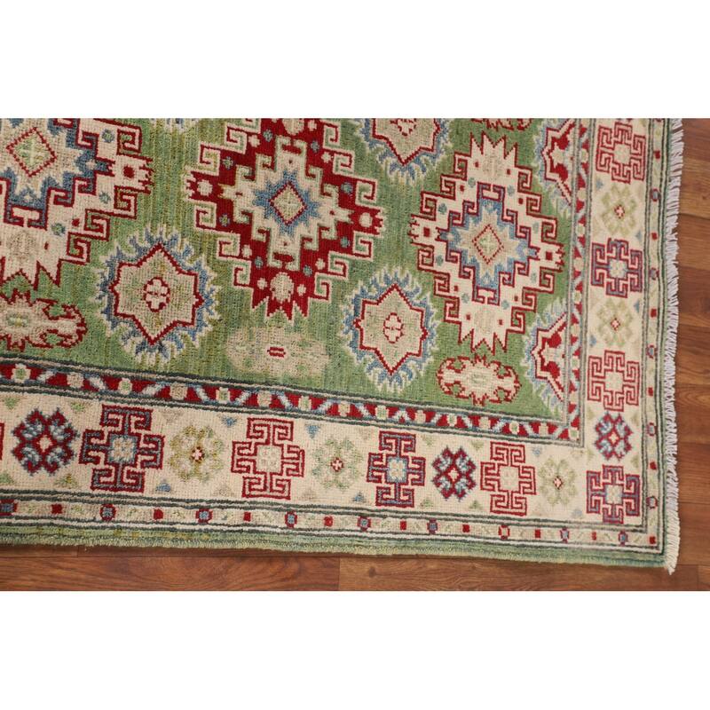 Light Green Geometric Kazak Oriental Accent Rug Handmade Wool Carpet - 2'7" x 3'10"