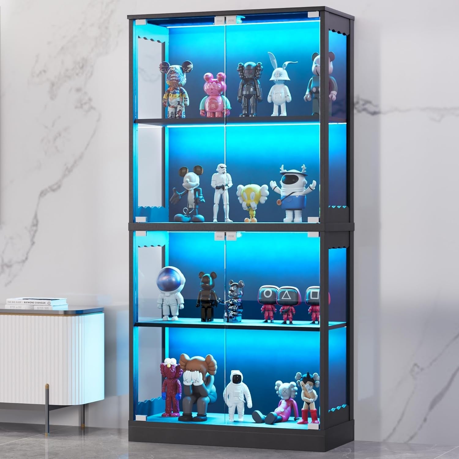 4-Tier Glass Display Cabinet with RGB Lights, Adjustable Shelves, Anti-Tipping for Collectibles - Living Room & Study Storage