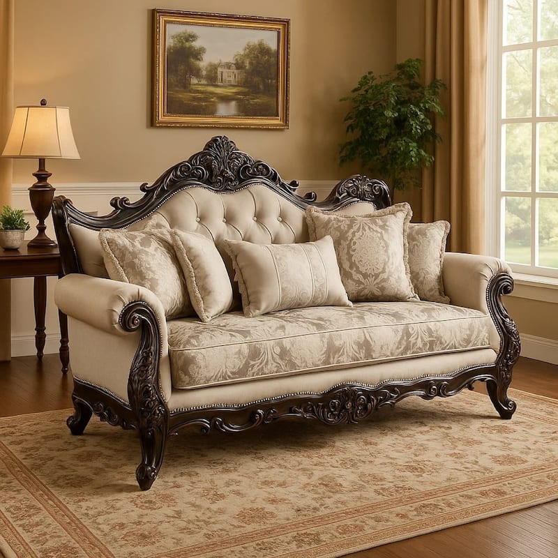 Puhi Loveseat w Accent Pillows, Beige Fabric, Ornate Carved Wood, 70 Inch