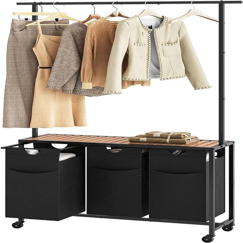 Laundry Sorter, Rolling Laundry Hamper with Hanging Rack - 35.4"L x 11.8"W x 70.9"H - Brown+Black