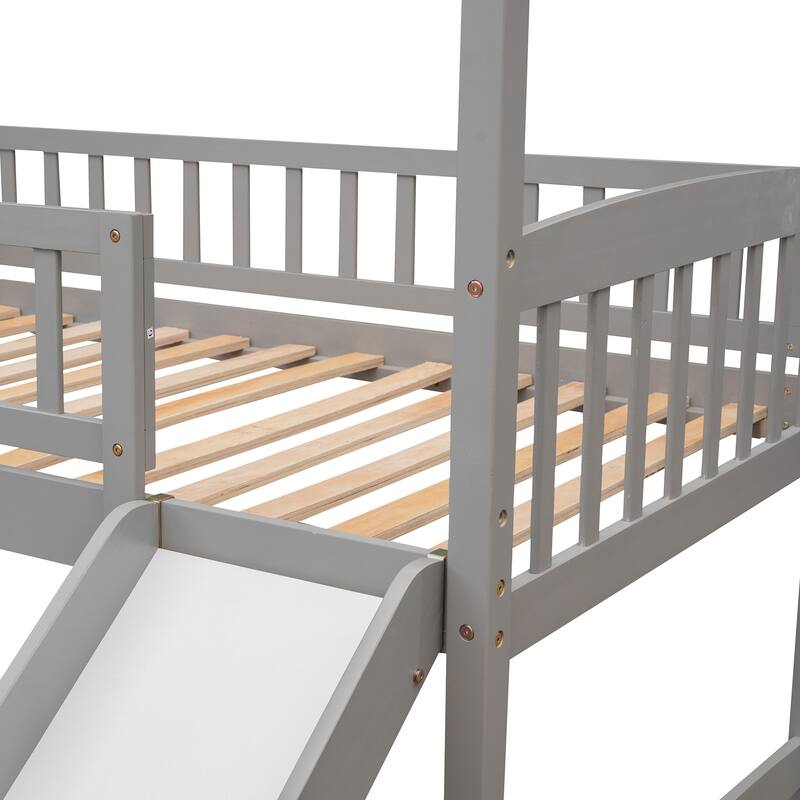 Play House Bed Twin Loft Bed with Wood Frame, Ladder and Guardrails