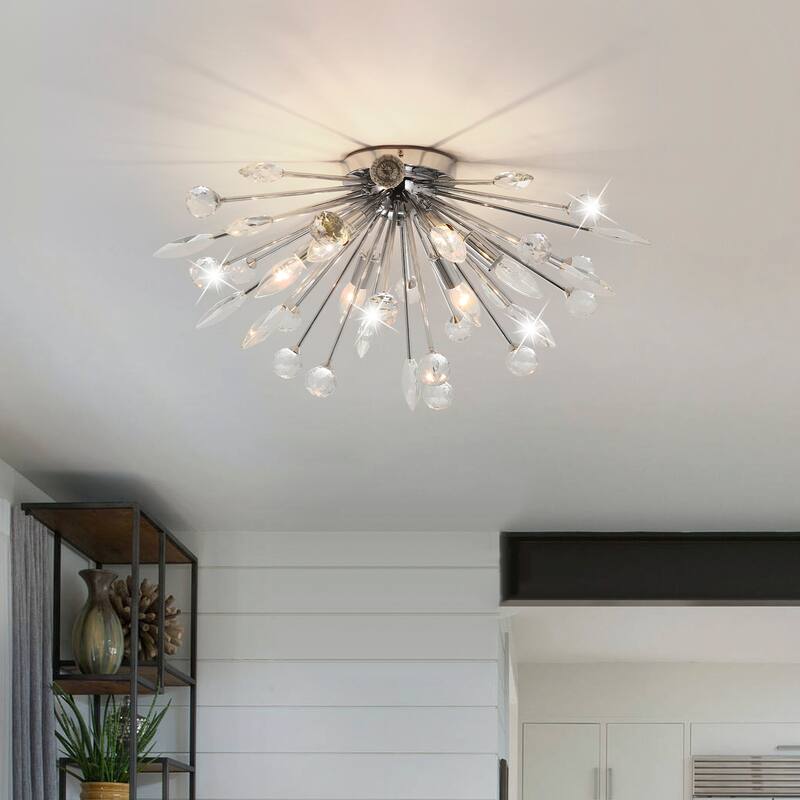 6-Light 25.6" Dandelion Firework Crystal Flush Mount - Chrome
