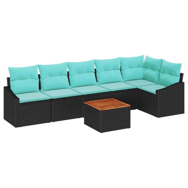 vidaXL 7 Piece Garden Sofa Set with Cushions Black Poly Rattan Acacia - 113.6×48.6×27.2
