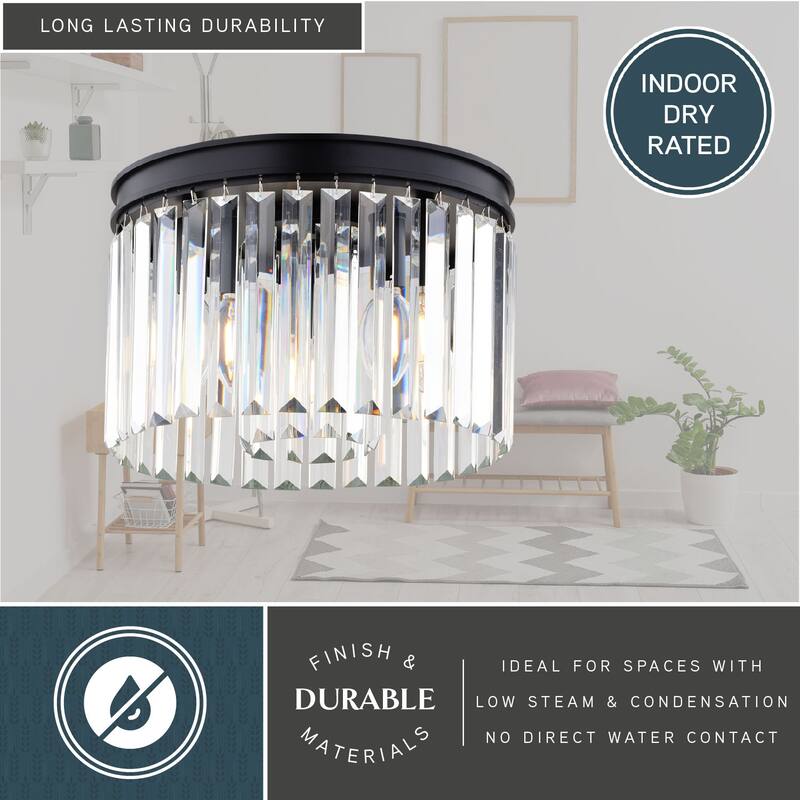 Allerton 3-Light Matte Black Modern Drum Flush Mount Lighting Fixture, Clear Crystal Prisms Shade Low Ceilings, Kitchen