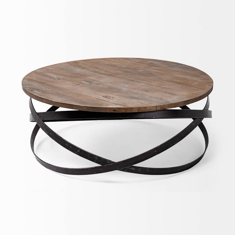 Triumph 40" Round Brown Solid Wood Top Black Metal Base Coffee Table