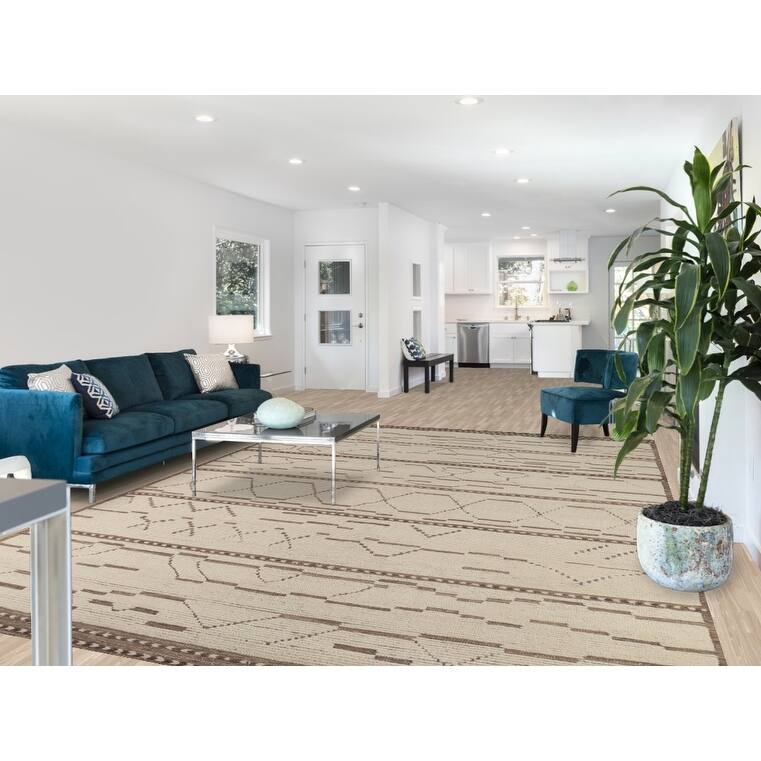 Ivory Moroccan Abstract Area Rug Handmade Wool Carpet - 8'10"x 12'8"