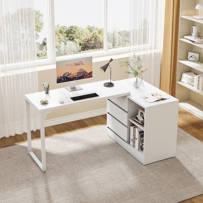 Versatile L-shaped White Computer Desk with Drawers and Shelves - White